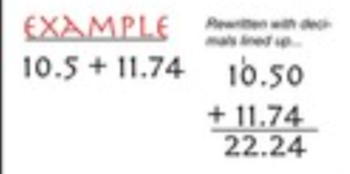 <ol><li><p>line up the decimals</p></li><li><p>fill in the empty spots with zero (not necessary, just helps with visualization)</p></li><li><p>add</p></li><li><p>bring down the decimal in answer</p></li></ol><p></p>
