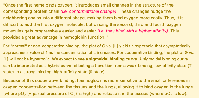 <ul><li><p>higher affinity for the last oxygen bound than for the first</p></li><li><p>extensive protein conformational change</p></li><li><p>sigmoidal binding curve</p></li></ul><p></p>