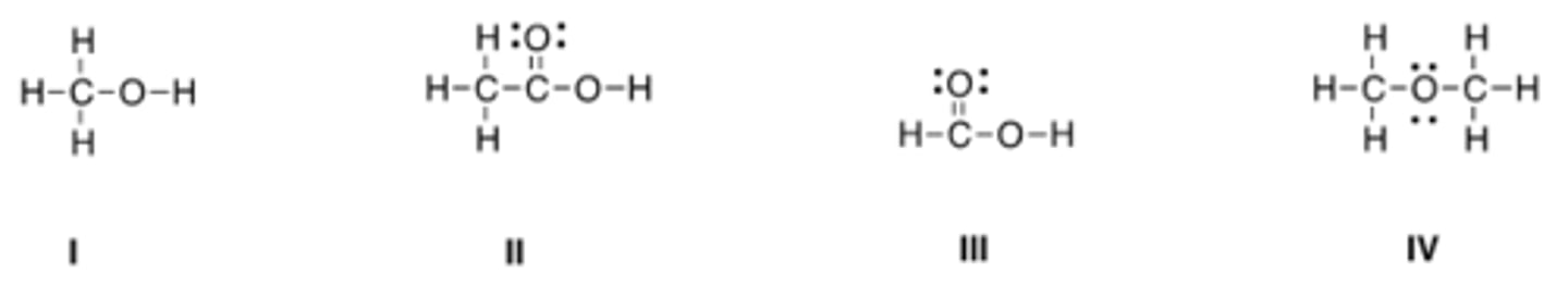 <p>Which of the following Lewis structures is correct?</p><p>A) I</p><p>B) II</p><p>C) III</p><p>D) IV</p>