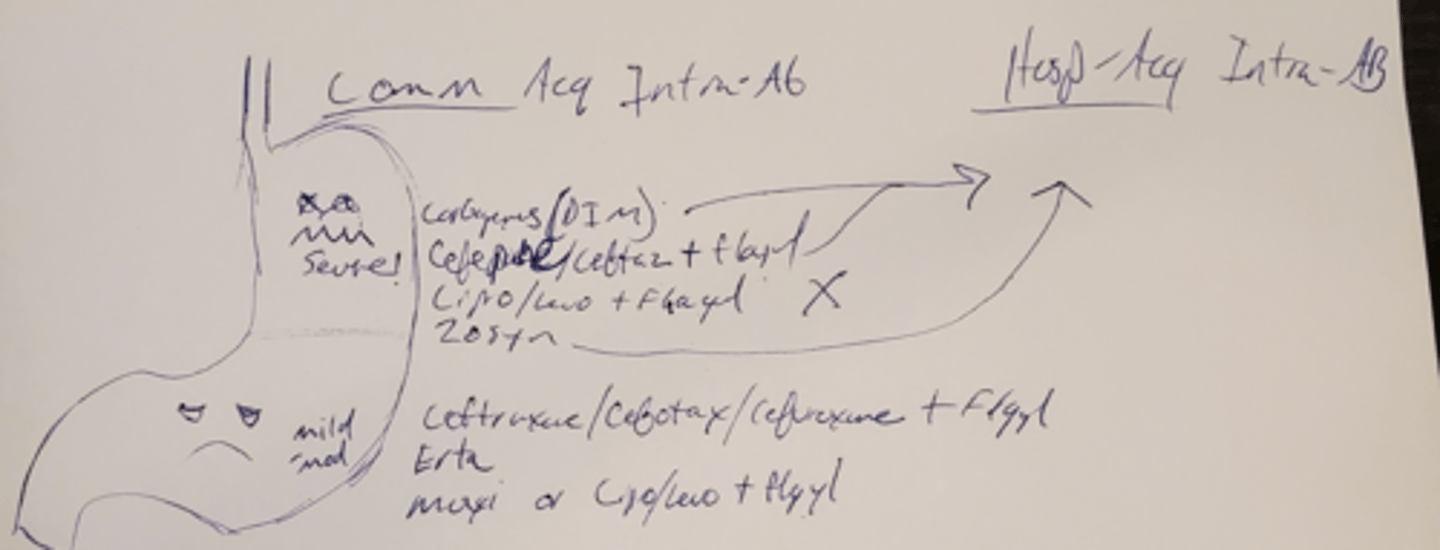 <p>High in Severity:</p><p>physiologic disturbance ( Septic Shock +\- pressors)</p><p>Older in Age</p><p>Immunocompromised state</p><p>Delay/High probability of failure in primary control</p><p>Broaden coverage: MDRO (pseudomonas), enterococci, oblgte anerob</p><p>Carbapenems ( dori, imi, mero) NOT ERTApenem.</p><p>Cefepime/ Ceftaz + Flagyl</p><p>Cipro/Levofloxacin + Flagyl</p><p>Zosyn</p>