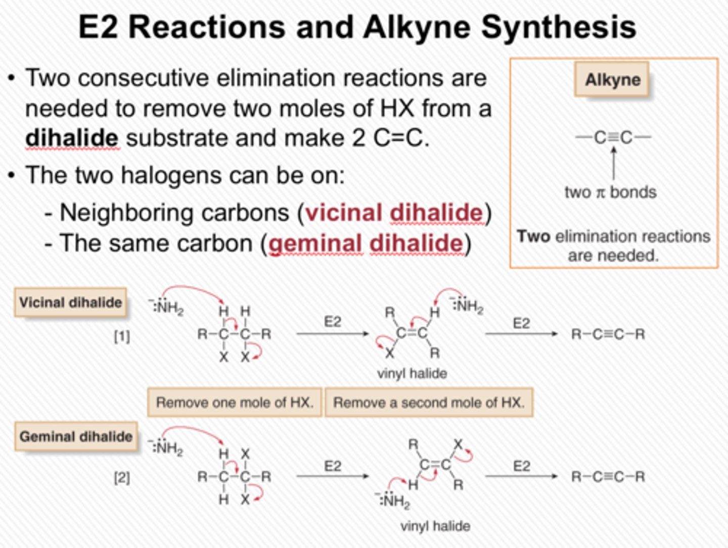 <p>forms an alkyne; if terminal, it forms an alkyne carbocation</p><p>the carbocation can then act as a strong nucleophile and react with other molecules (e.g., alkyl halides, acids, etc)</p>