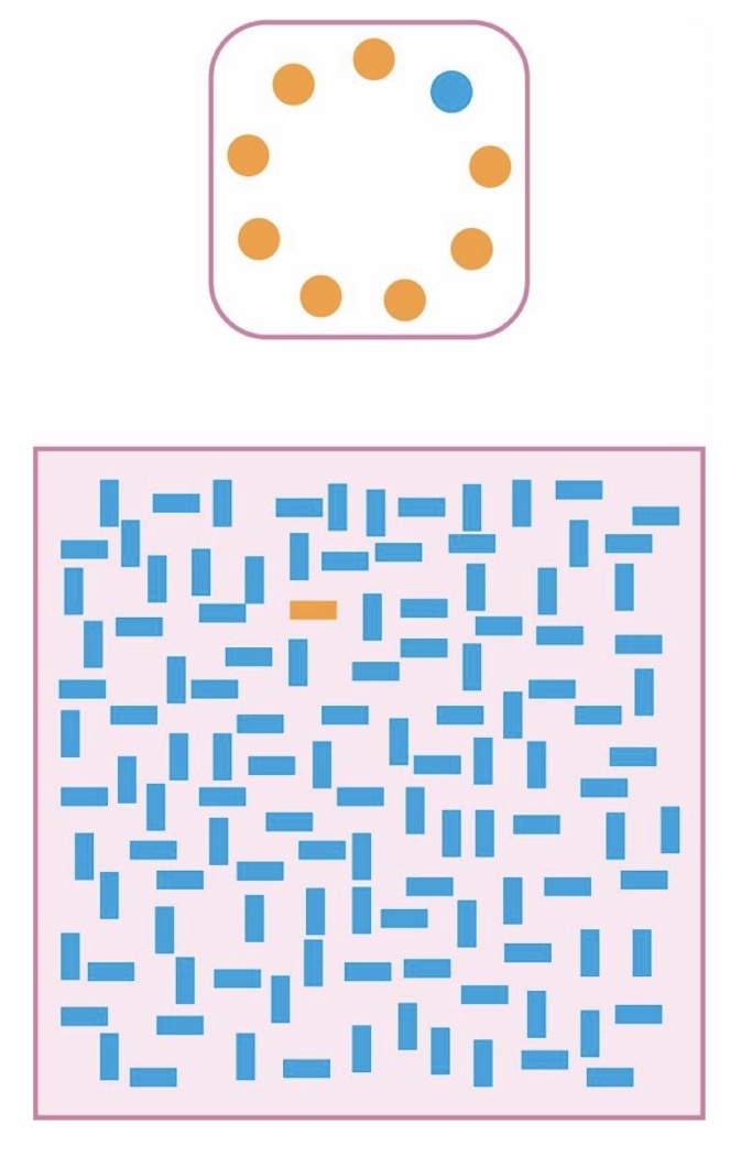 <p>Draw out attention (pop out). Bottom-up attention or stimulus-driven. It is an item that pops out from other items due to its distinctive color </p>