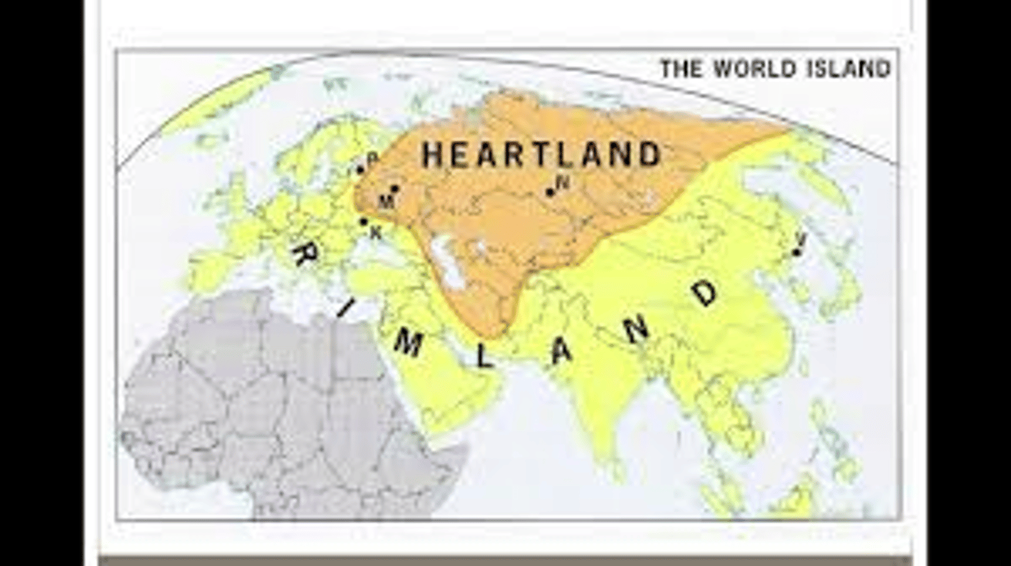 <p>geopolitical hypothesis that whoever controls Eastern Europe/Central Asia (the "Heartland") would eventually control the world</p>