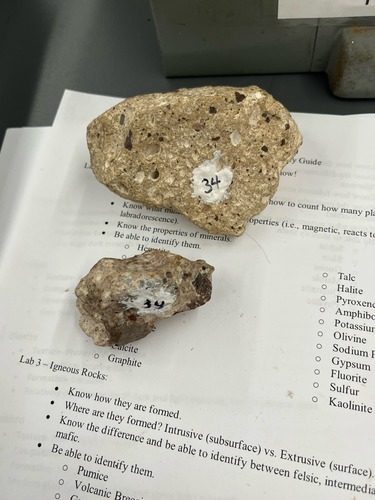 <ul><li><p>Tan with darker fragments</p></li><li><p>Fragmental/pyroclastic</p></li><li><p>Felsic/intermediate</p></li><li><p>Extrusive</p></li><li><p>Random pieces of other rocks</p></li></ul>