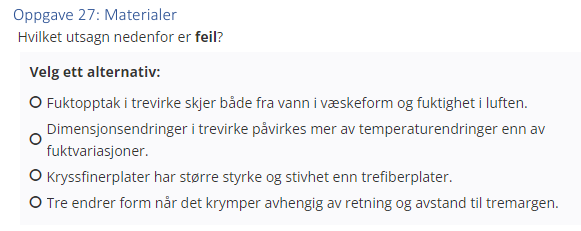 <p>(Materialer: bank) Hvilket utsagn nedenfor er <strong>feil?</strong></p>