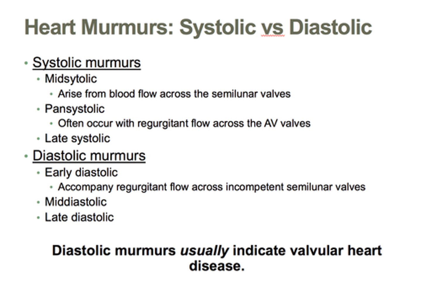 <p>an abnormal sound from the heart produced by defects in the chambers or valves</p>