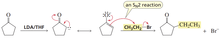 <p>Reactants/Reagents: LDA/THF (for enolate), alkyl halide (RX)</p><p>Products: Alkylated alde/keto/ester/nitrile</p><p>Asymmetrical reactants will have multiple potential prod — Use 0C for thermo prod, -78C for kinetic prod </p>