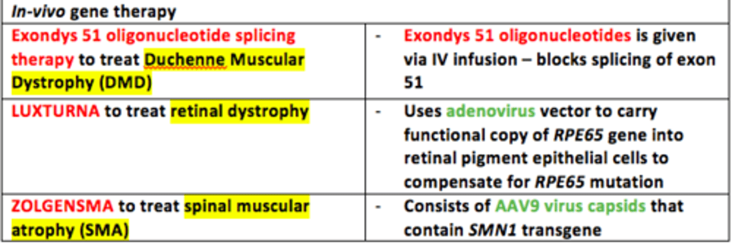 <p>1) Exondys 51 oligonucleotides splicing therapy = treat Duchenne Muscular Dystrophy (DMD)</p><p>2) LUXTURNA = treat retinal dystrophy</p><p>3) ZOLGENSMA = treat spinal muscular atrophy (SMA)</p>