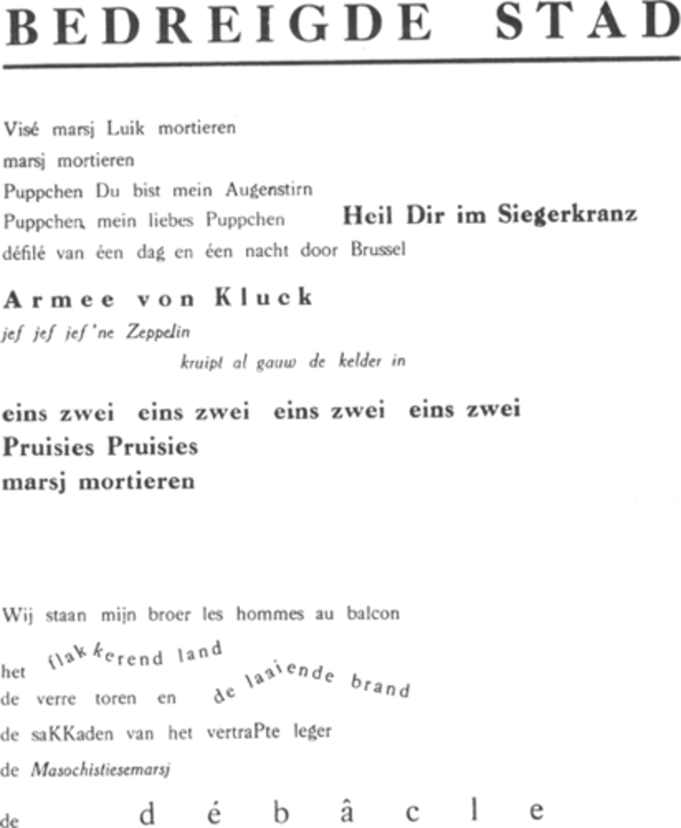 <p>1. Geen traditionele vormschema</p><p>a) zinnen ontbreken</p><p>b) geen lidwoorden, geen strofebouw, geen leestekens... = modern (=VERZET ZICH TEGEN TRADITIE)</p><p>2. inhoud over: grote stad, humanistische broederschap, Vlaamse identiteit, universele solidariteit</p><p>3. gebruik alledaagse onderwerpen</p><p>4. Expressie over de maatschappij</p><p>5. associatie : inhoudelijke + vorm associatie(= uit zich door alliteratie + assonantie te gebruiken)</p><p>6. alliteratie + assonantie (+onamatopee)</p><p>7. GEEN l'art pour l'art</p>