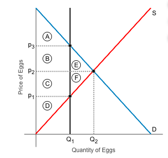 <p>a the free market equilibrium P2 and Q2 what areas represent consumer surplus?</p><p></p>