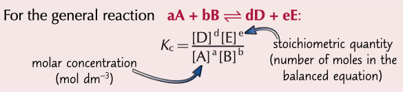 <p>ratio of products and reactants at dynamic equilibrium , represented  by Kc</p><p>Kc = [D]d[E]e / [A]a[B]b</p><p>can also be used to determine concentration of things given Kc and some concentrations</p>