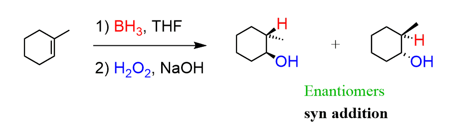 <p>BH3 THF yields H and OH both cis </p>