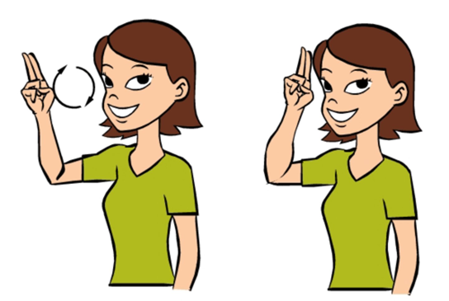 <p>Extend your index finger and middle finger to make the ASL sign for U. Take the hand and move it in small circles to the side of your body at the level of your forehead.</p>