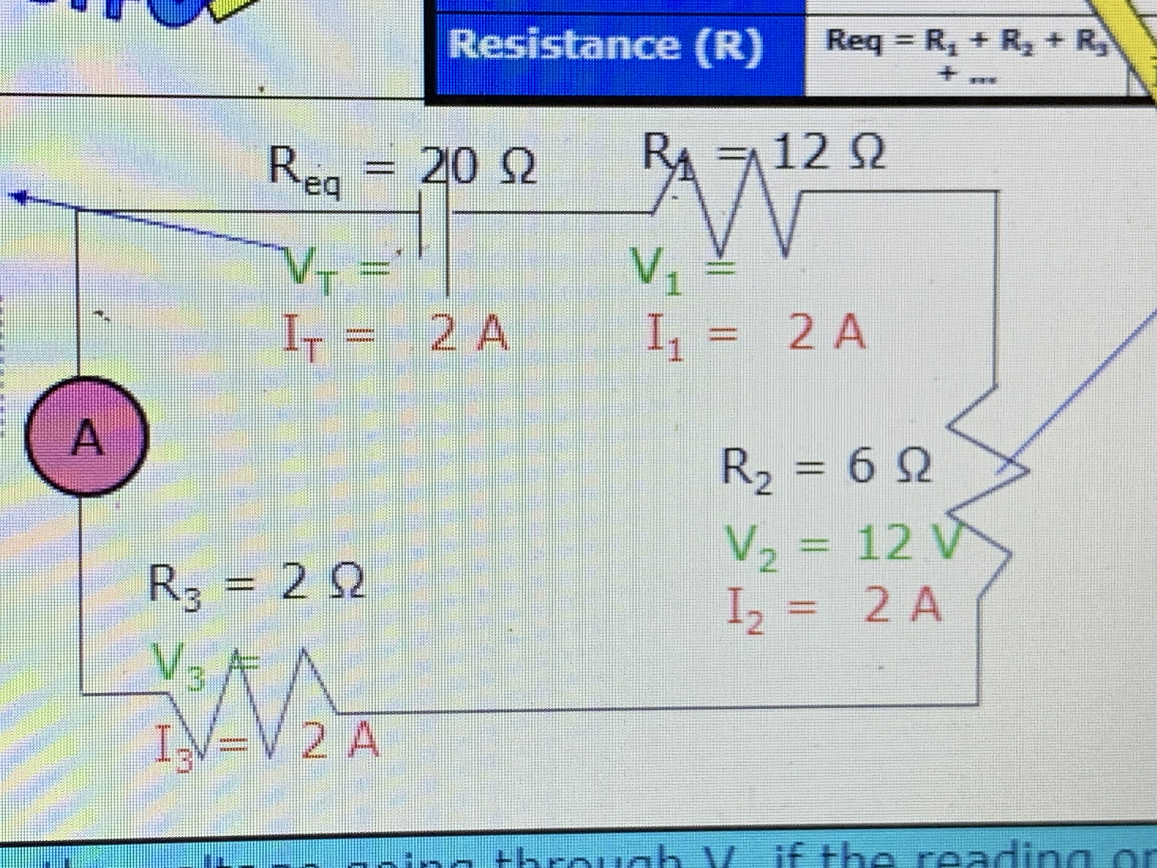 What is the voltage going through V2 if the reading on the  ammeter is 2 amps?​

What is the voltage going through VT if the reading on the  ammeter is 2 amps?​