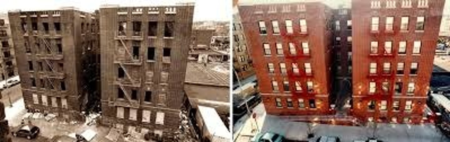 <p>Program in which cities identify blighted inner-city neighborhoods, acquire the properties from private members, relocate the residents and businesses, clear the site, build new roads and utilities, and turn the land over to private developers.</p>