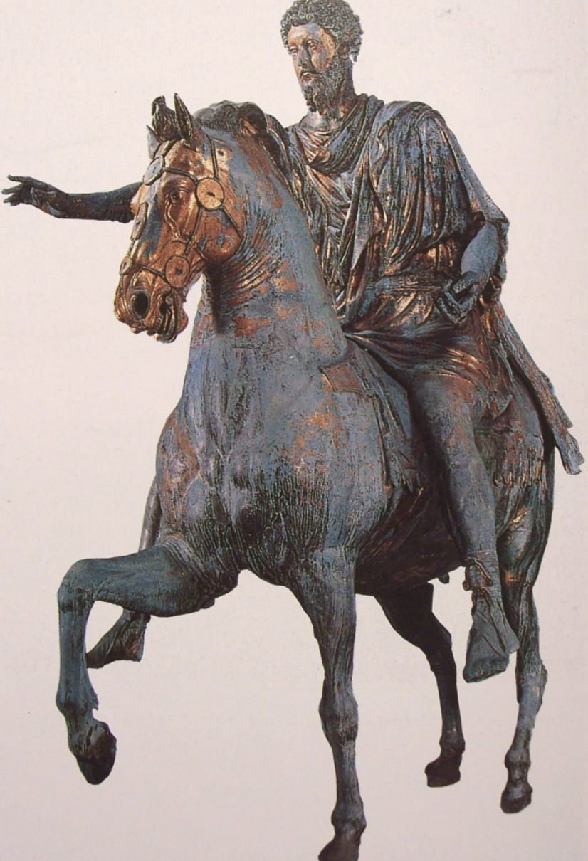 <ul><li><p><strong>Purpose</strong>: Celebrates Marcus Aurelius as a powerful, wise, and just ruler.</p></li><li><p><strong>Design &amp; Features</strong>:</p><ul><li><p>Marcus Aurelius sits <strong>calmly and confidently</strong> on a large horse, with one hand raised in a gesture of command or addressing his people.</p></li><li><p>The statue is <strong>larger than life</strong>, showing authority and presence.</p></li><li><p>Made of <strong>bronze</strong>, it survived because it was mistakenly thought to be a statue of Constantine and wasn’t melted down.</p></li></ul></li><li><p><strong>Style &amp; Significance</strong>:</p><ul><li><p>Combines <strong>realism</strong> (his facial features) with <strong>idealism</strong> (youthful, commanding appearance).</p></li><li><p>Symbolizes <strong>imperial power, control, and wisdom</strong>.</p></li><li><p>Influenced later equestrian statues in Europe, especially during the Renaissance.</p></li></ul></li></ul><p></p>