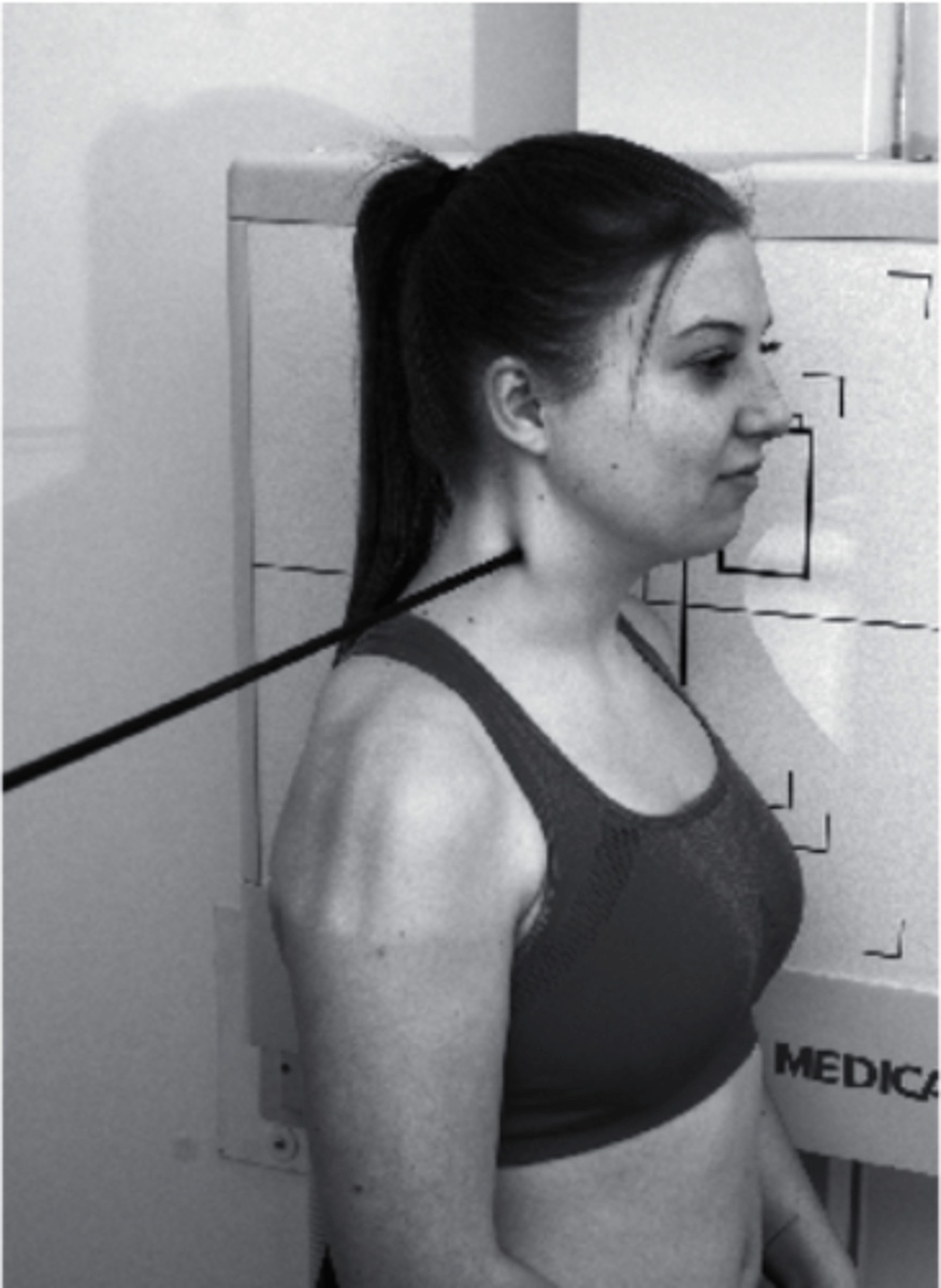 <p>What view is being captured on this patient?</p><p>a. AP Lower C Spine</p><p>b. Oblique</p><p>c. Lateral</p><p>d. PA Lower C Spine</p>