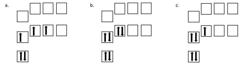 <p><span>Which of the following orbital diagrams shows an excited state electron configuration for boron?</span></p>