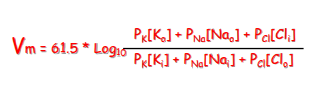 <ul><li><p>extension of the nernst equation that calculates the RMP when the membrane is permeable to more than one ion </p></li><li><p>P = membrane permebaility for the ion </p></li><li><p>for anions the concentration ratio is in/out flipped because of the negative charge </p></li></ul><p></p>