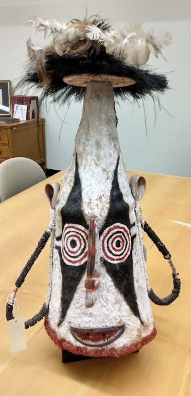 <p>Conical basketry masks adopted from other cultures</p><p>Masks like this used for dances as performers celebrate initiation of a male into a higher level of social prestige</p>