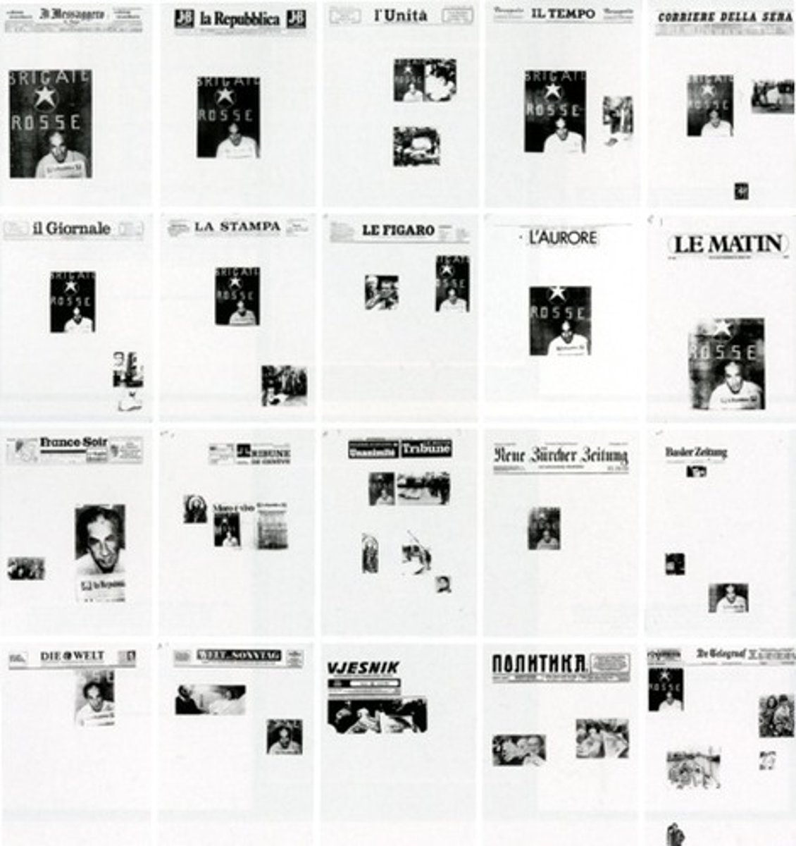 <p>Sarah Charlesworth (Pictures Generation)</p><ul><li><p><strong>1 Story:</strong> Erases photographic images from newspapers to reveal media structures.</p></li><li><p><strong>2 Changes:</strong> Exemplifies post-structural postmodernism’s emphasis on textuality and sign systems.</p></li><li><p><strong>3 Context:</strong> Media-saturated moment of political fear (terrorism, kidnappings).</p></li><li><p><strong>4 New Approaches:</strong> Treats the newspaper as ideological architecture.</p></li></ul><p></p>