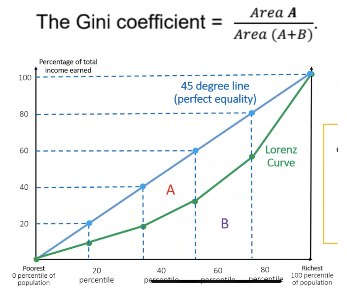<ul><li><p><span><strong>The Gini coefficient: </strong>measures the degree of inequality in income distribution across a population</span></p></li><li><p><span>Value is between 0 and 1</span></p><ul><li><p><span>0 = perfect income equality</span></p></li><li><p><span>Closer it is to 1, the greater is the income inequality within the nation</span></p></li></ul></li></ul><p></p><ul><li><p><span>Calculated using <strong>Lorenz curve&nbsp;</strong></span></p><ul><li><p><span>The Lorenz Curve is a graph showing the cumulative proportion of households</span></p></li><li><p><span>The further the Lorenz Curve is from the 45 degrees total equality line -&gt; larger will be the Gini coefficient -&gt; more uneven the income distribution</span></p></li><li><p><span>LOOK at the <strong>axis</strong>!</span></p></li></ul></li></ul><p></p><ul><li><p><span>Distance between blue and green = different between ideal and reality&nbsp;</span></p></li><li><p><span>Area A = all the shortfalls between ideal and reality (B is always constant, only A changes)&nbsp;</span></p></li></ul><p></p>