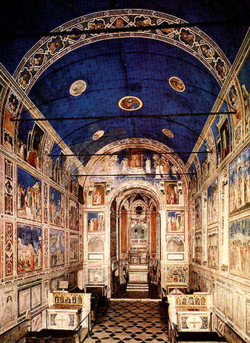 <p>Form:</p><p>-fresco</p><p>-brick and architechture</p><p>-painted plaster</p><p>-grisaille (gray tones)</p><p>-quatrefoils</p><p>-tracing</p><p>-plain outside, transformative inside</p><p>Content:</p><p>-Last judgement scene</p><p>-lancet windows</p><p>-Scrovegni at bottom offering up chapel to Jesus (artist portrait included)</p><p>-The Lamentation (Jesus has been crucified and now he is being mourned)</p><p>-Mary with others grieving</p><p>-Life of Mary>Passion of Jesus</p><p>Function:</p><p>- private family chapel (connected to a house)</p><p>Context:</p><p>-Padua, Italy</p><p>-on grounds of an old arena</p><p>-artist: Giotto di Bondone</p><p>1303 CE</p><p>-Italian Gothic</p><p>-Proto-Renaissance</p>