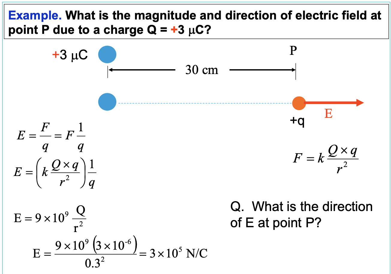 <p>E = F/q </p><ul><li><p>F = force on a small charge </p></li><li><p>q = charge of the small charge </p></li></ul><p></p>
