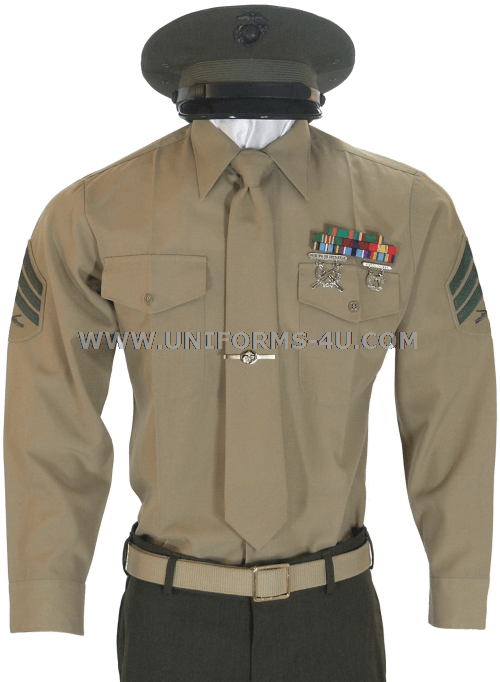 <p>long sleeve khaki shirt and tie, ribbons and badges can be worn</p>