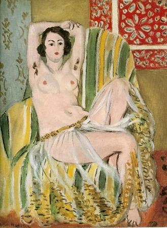 <p>example shown is: Matisse, <em>Odalisque with Raised Arms</em>, 1923</p><p></p><p><strong>Info: </strong></p><p>nude female figure productions of work, figures lounging in decorated patterned scenes, idea of flatness w the patterns, ambiguous suggestions of where the figures exist in space and they become a decorative element in the space, trope of lounging female figure but w a changed context bc she becomes a realm of experimentation in expressionism</p>