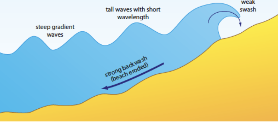 <ul><li><p><span style="font-family: Arial, sans-serif">When waves build up over a long period of time, with strong winds and a long fetch, they have a lot of power and are destructive.</span></p></li></ul><ul><li><p><span style="font-family: Arial, sans-serif">These waves have a stronger backwash and cause erosion</span></p></li></ul><p></p>