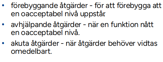 <p>Man kontrollerar byggnaden och dess komponenters skick efter statusbedömningens syfte och omfattning.</p><p>Man gör en riskanalys, konsekvenser vägs mot sannolikheten av att oacceptabelt tillstånd uppnås.</p><p>Man tar fram en åtgärdsbeskrivning, vilket är en teknisk prioritering av årgärder. Den tas fram med hänsyn till komponenternas tillstånd och den framtagna riskanalysen.</p><p>Om det är relevant görs en kostnadsbedömning i samband med åtgärdsbeskrivningen.</p><p></p>