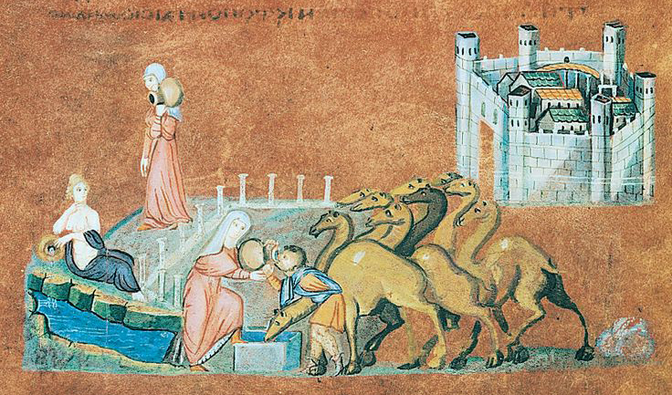 <p>Rebecca and Eliezer at the Well and Jacob Wrestling the Angel, from the Vienna Genesis</p>