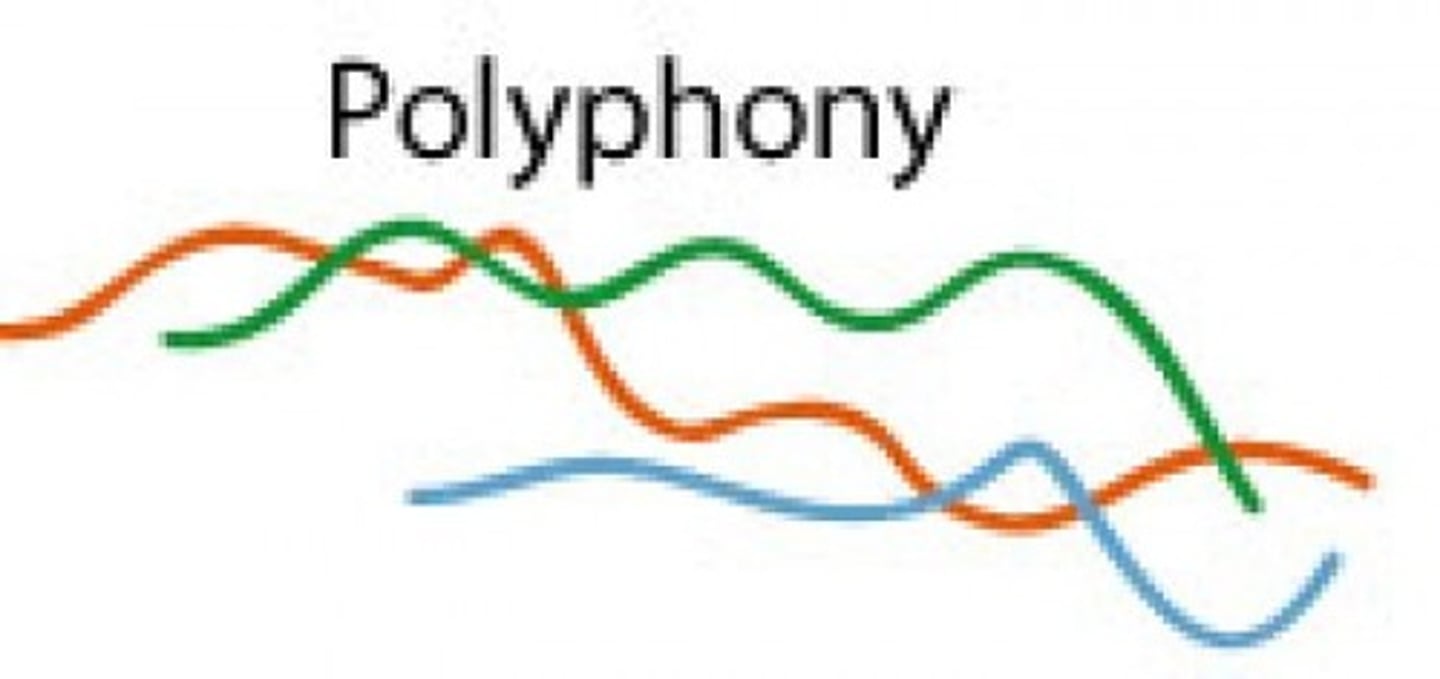 <p>The weaving together of two or more equally important melodic lines, which all fit together harmonically. the texture sounds 'busy'</p>