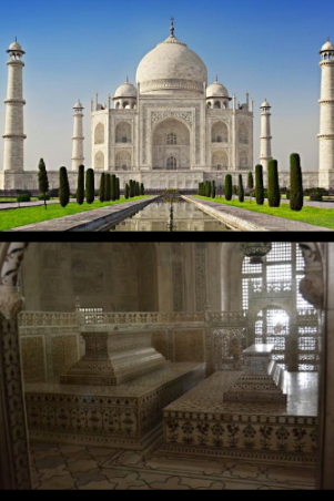 <p>1653 CE</p><p>Agra, India </p><p>white marble mausoleum, Islamic architecture of india, minerettes for design, houses false sarcophagi of Mumtaz Mahal and Shah Jahan; the actual graves are at a lower level.</p><p>built in honor of Shah Jahan late wife in childbirth, Writings from the Qur’an in Thuluth Script</p>