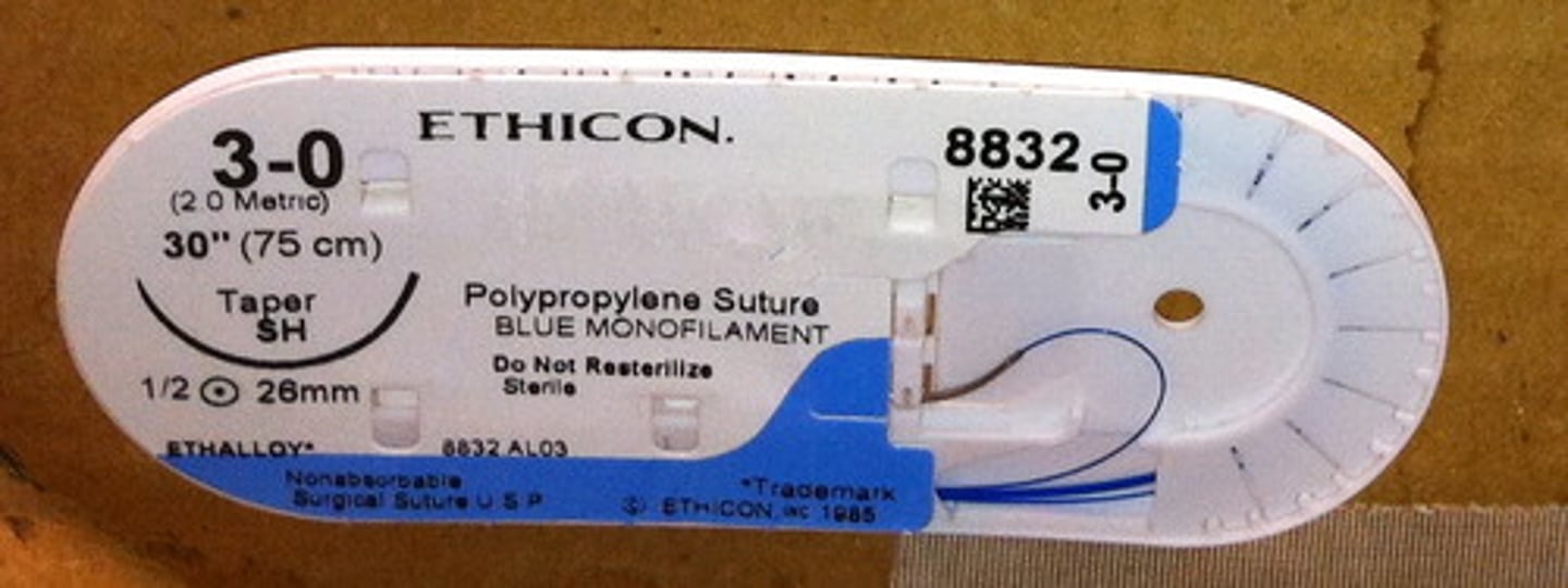 <p>type: synthetic - polypropylene</p><p>package color: BLUE</p><p>suture color: CLEAR / BLUE</p><p>usage: long term tensile strength, plastics</p><p>- Monofilament NONabsorbable</p><p>NON ABSORBABLE</p><p>tensile strength: excellent</p><p>tissue reaction: least reactive</p>