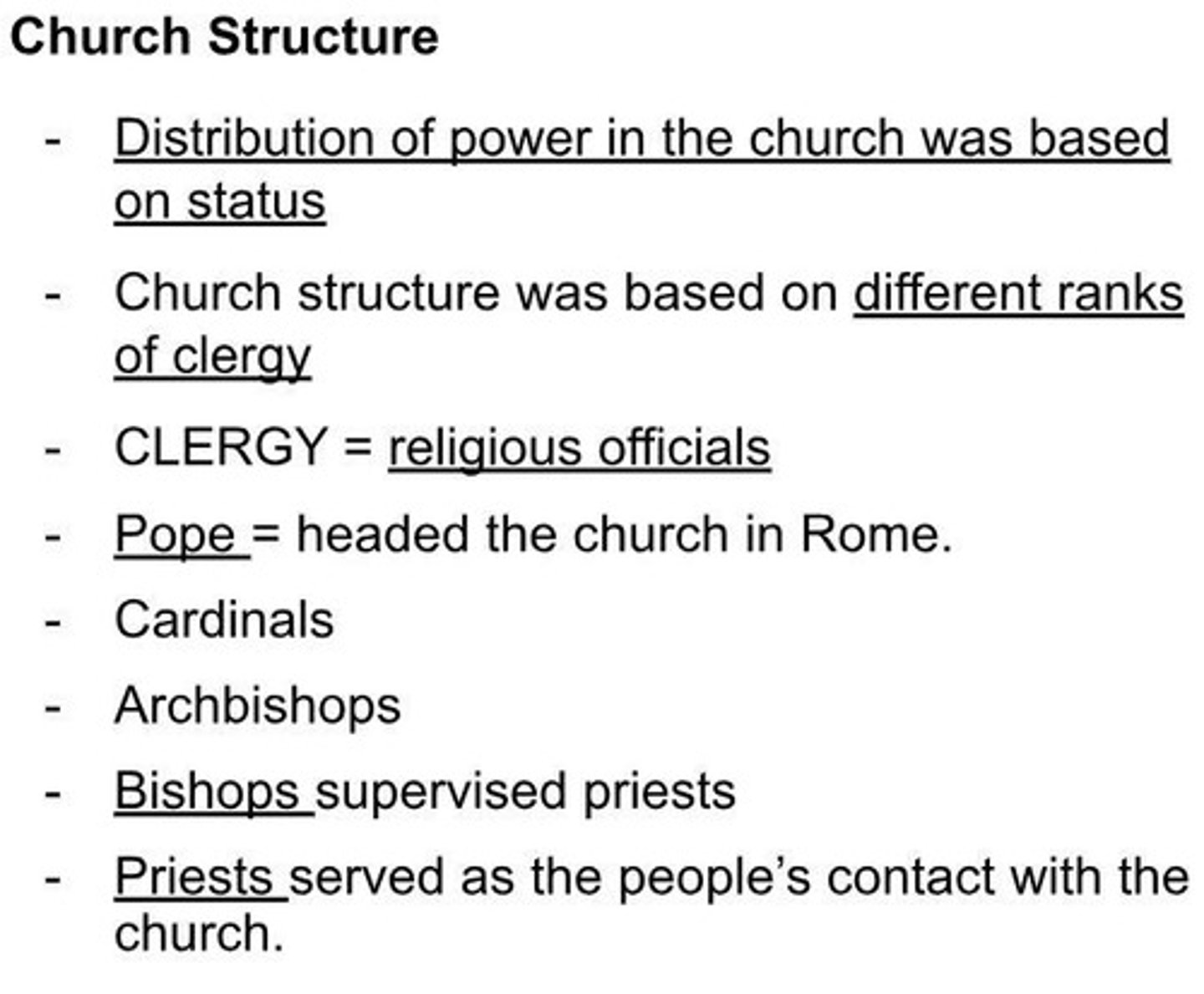 <p>Different ranks of clergy, with the Pope at the top.</p>