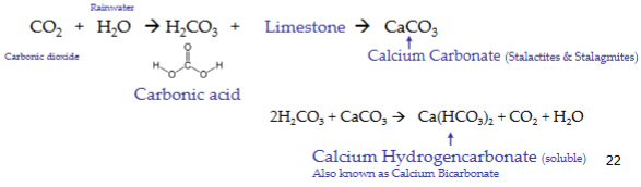 <ul><li><p>dissolves rocks</p></li><li><p>mildly acidic (weak carbonic acid; forms when rainwater dissolves carbon dioxide form the air and from decaying plants)</p></li><li><p>carbonic acid reacts with calcite in limestone to form calcium carbonate (CaCO3) a soluble material</p></li></ul><p></p>
