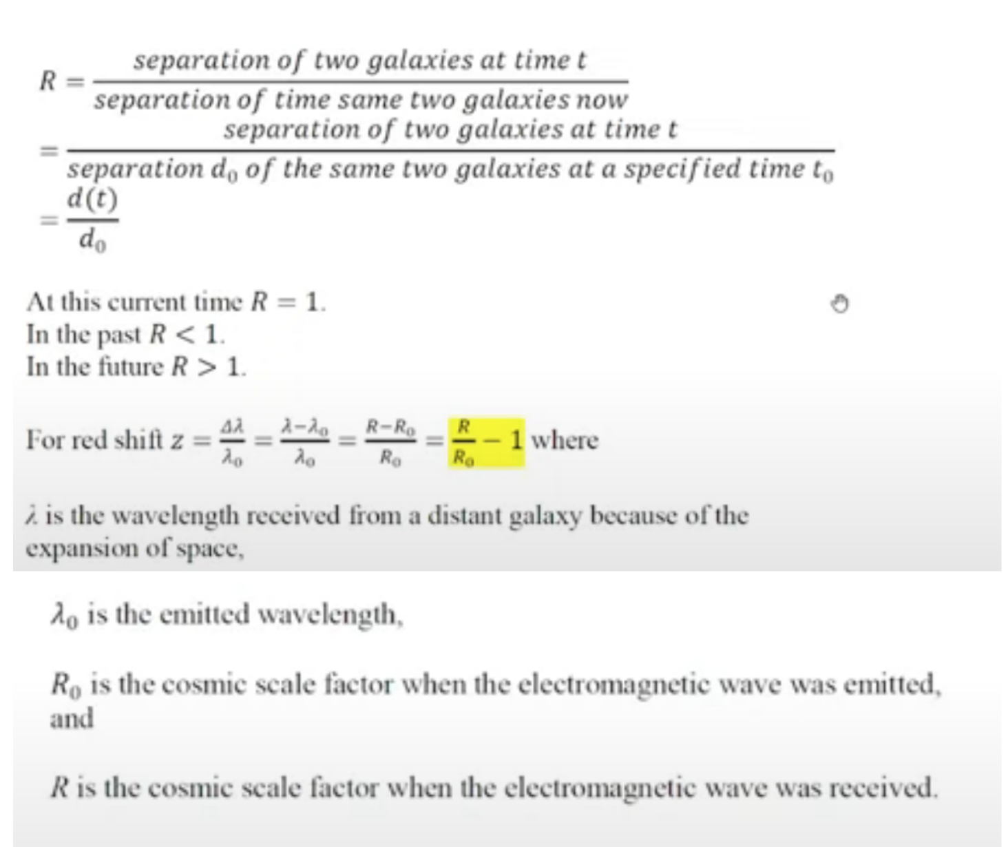 <p>Represents the size of the universe by comparing the distance between any two specified places (like two galaxies) at different times. These distances and the cosmic scale factor increase with time because the universe is expanding.</p>