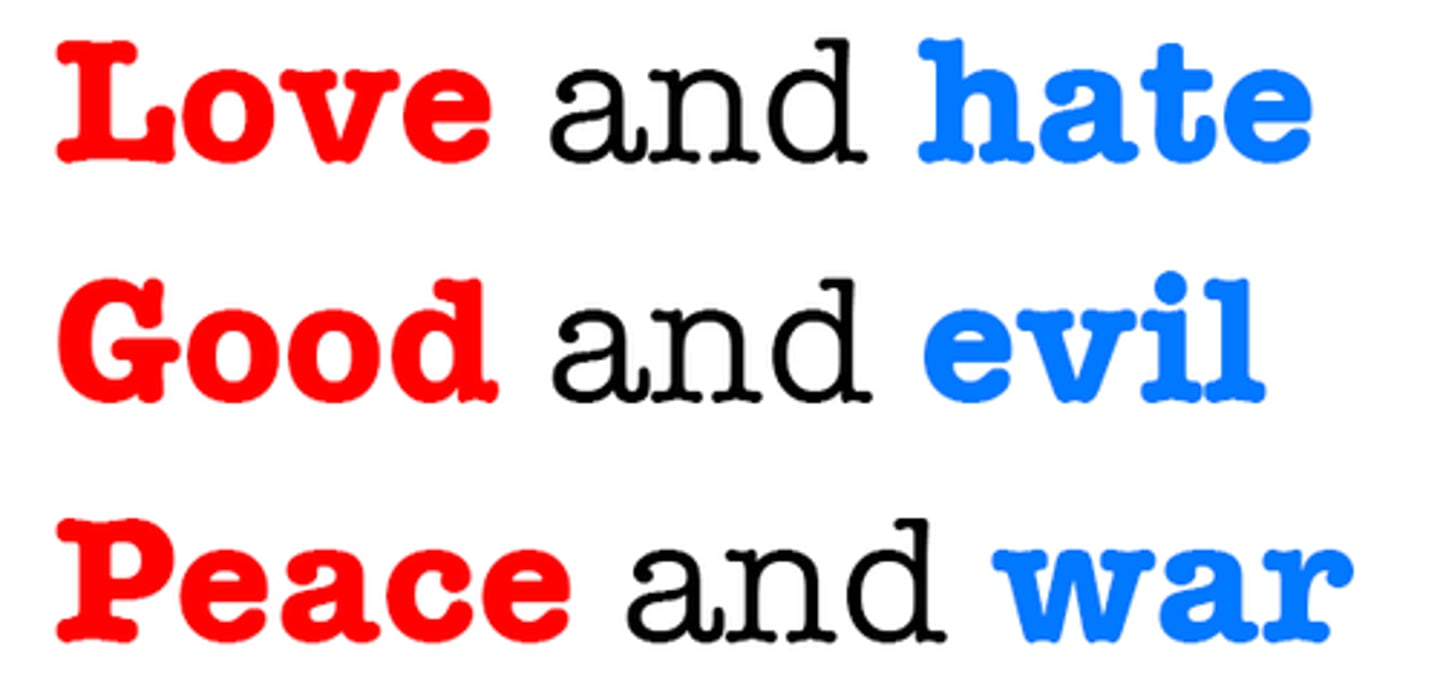 <p>a figure of speech in which an opposition or contrast of ideas is expressed by parallelism of words that are the opposites of, or strongly contrasted with, each other, such as "hatred stirs up strife, but love covers all sins":</p>