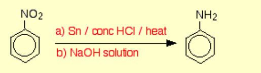 <p>Name of mechanism: Reduction</p><p>Reagents: Sn and HCl, then NaOH</p><p>Conditions: Concentrated acid, heat</p>