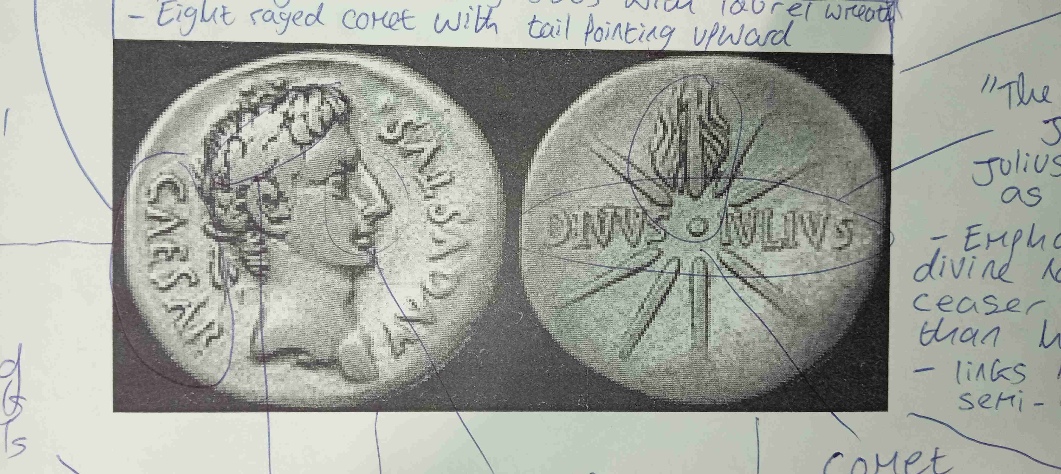 <p>Describe features of the Comet coin (est 44BC)</p>