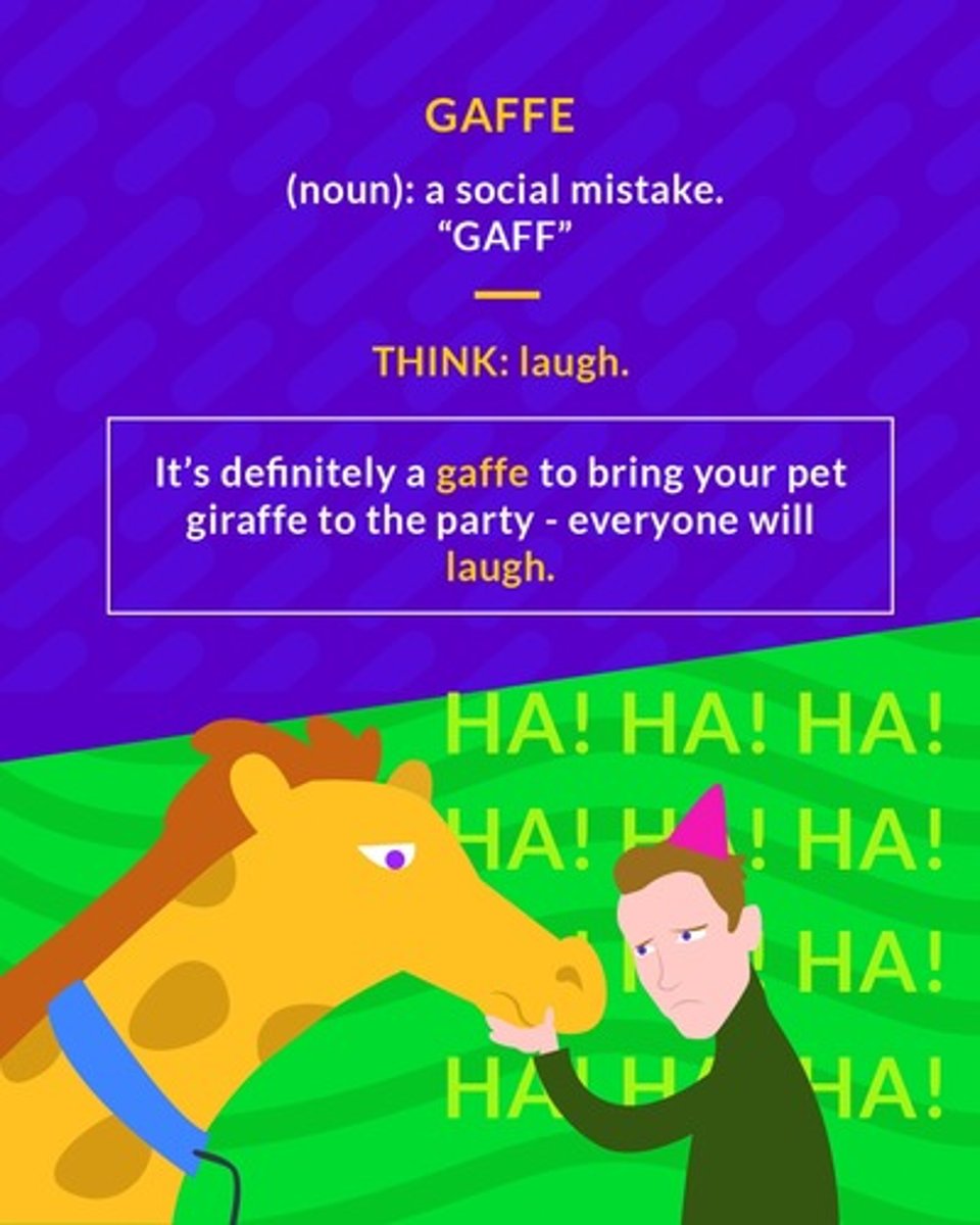 <p>a clumsy social error; a faux pas</p><p>(noun) an embarrassing social mistake</p>