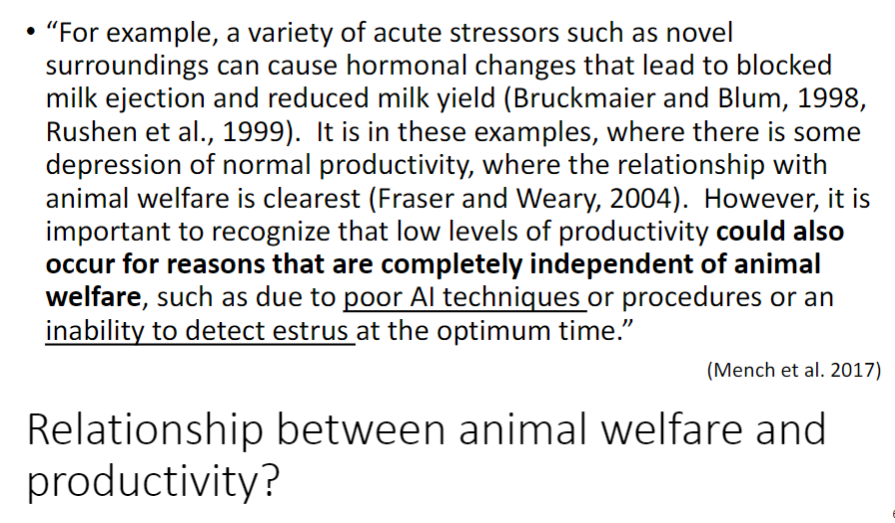 <p><strong>Historical Link</strong><br>āHistorically, improvements in <strong>husbandry practices</strong>āsuch as <strong>housing</strong>, <strong>nutrition</strong>, and <strong>health management</strong>āled to both higher <strong>productivity</strong> and better <strong>animal welfare</strong></p><p><strong>Low Productivity</strong><br>āMay indicate <strong>inadequate care</strong>, <strong>stress</strong>, or <strong>illness</strong><br>ā<strong>Energy</strong> normally used for <strong>growth</strong> and <strong>reproduction</strong> is redirected to <strong>immune system activity</strong></p><p><strong>Key Concept</strong><br>āWhile <strong>high productivity</strong> can reflect good management, it is <strong>not a guaranteed indicator</strong> of good <strong>welfare</strong>; context and underlying <strong>health effects</strong> must be considered</p>