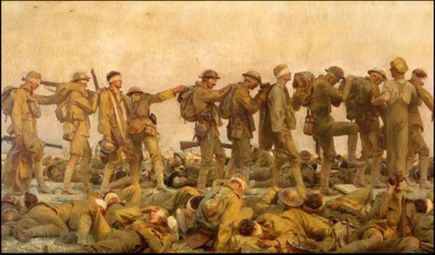 <p>A large oil painting by John Singer Sargent, commissioned post-World War I by the British government to memorialize the medical services of war, depicting blinded British soldiers from mustard gas.</p>