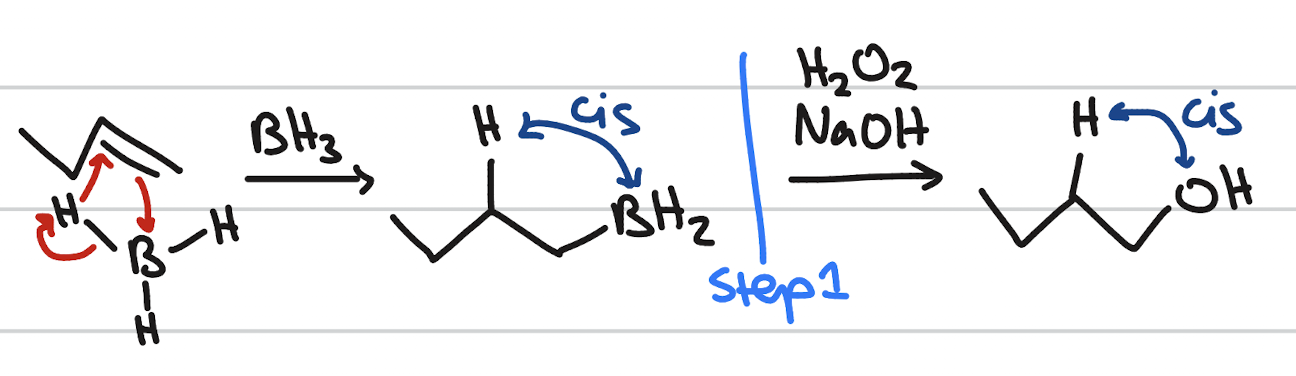 <p>addition of H and OH/OR</p><p>occurs when: BH3 or BCy2 (for alkynes); H2O2; another molecule with an alcohol group; alkene or alkyne</p><p>stereochemistry: syn addition</p><p>regiochemistry: Markovnikov addition</p>