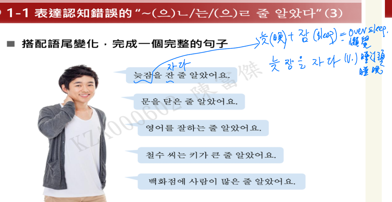 <p>表達認知錯誤=我以為…</p><ul><li><p>줄 = 方法、方式、狀況 →<strong>「知道了/認為是 [某種狀況]」</strong></p></li><li><p>由於這個結構通常接在<strong>過去式</strong> <strong>알았다</strong> (知道了/認為過了) 之後，所以語義變成了**「過去認定為某個狀況，但現在對比事實發現有誤」**。</p></li></ul><p>用法</p><ul><li><p>V - 按照tense</p><ul><li><p>past tense = ㄴ/은 줄 알았다</p></li><li><p>present tense = 는 줄 알았다</p></li><li><p>future tense = ㄹ/을 줄 알았다</p></li></ul></li><li><p>A + ㄴ/은 알았다</p><ul><li><p>不規則變化</p><ul><li><p>길다 → 긴 줄 알았다 (我以為很長）</p></li><li><p>덥다 → 더운 줄 알았다 （我以為很熱）</p></li></ul></li></ul></li></ul><p></p>