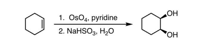 <p>Reactants:1. OsO4, pyridine 2. NaHSO3, H2O</p><p>What happens:</p><ul><li><p><span>treatment of the alkene directly with osmium tetraoxide</span><br><span>(OsO4)</span></p></li><li><p><span>epoxides undergo an acid catalyzed reaction with water to give</span><br><span>the corresponding 1,2-diol</span><br></p></li></ul><p></p>