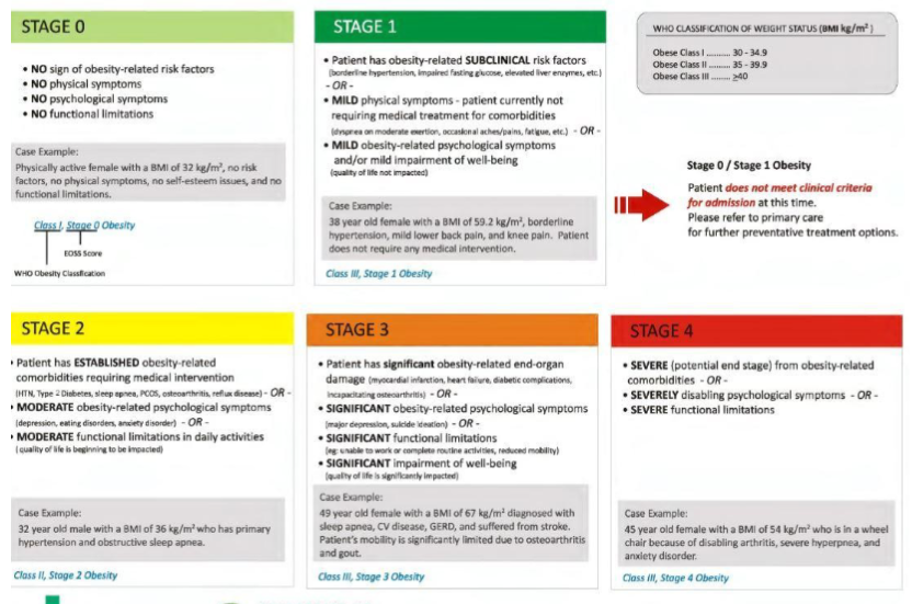 <ul><li><p>edmonton obesity staging system</p></li><li><p>more comprehensive rating scale that includes physical adn psychological symptoms as well as functional limitations</p></li><li><p>focuses on associated health problem adn their severity vs weight</p></li></ul><p>*be able to place someone on this scale</p><p></p><p></p>