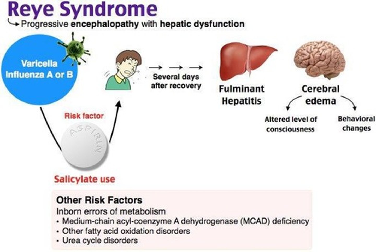 <p>Rare and fatal disorder seen in children treated with aspirin for flu and VZV, characterized by hepatic damage and encephalopathy.</p>